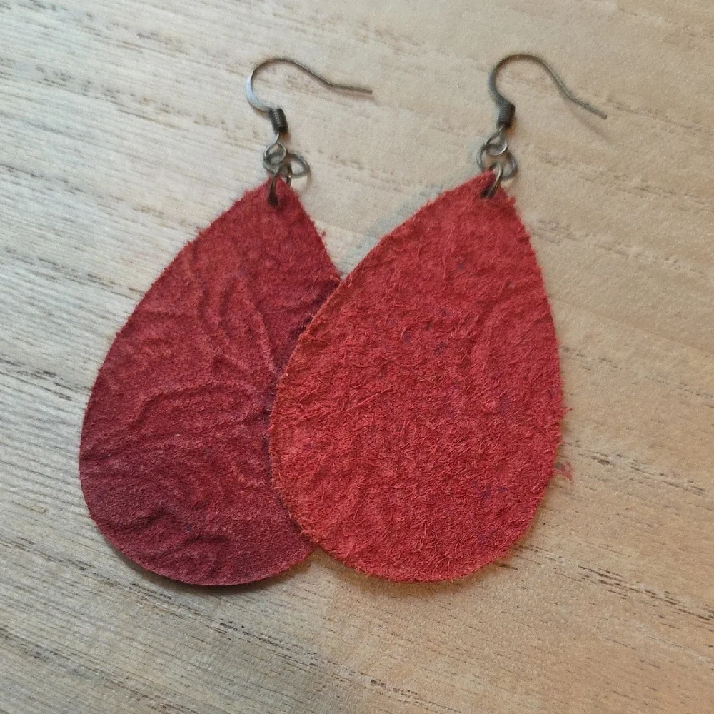 Handmade Red Leather Embossed Teardrop Earrings